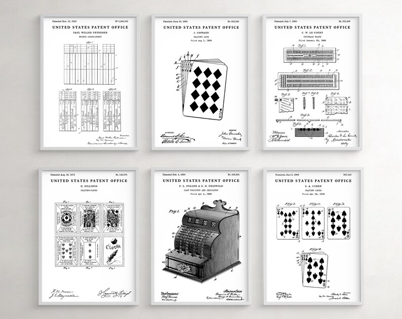 May include: Six black and white vintage patent drawings for playing cards and a cash register. The drawings are framed and displayed on a white wall.
