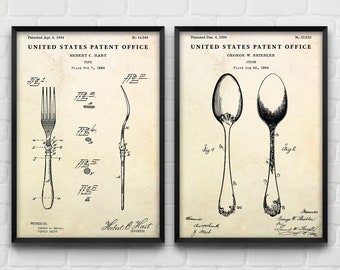 May include: Two vintage patent drawings for a fork and spoon. The fork patent is dated April 8, 1884, and the spoon patent is dated December 4, 1884. The drawings are in black and white and show the front and side views of the utensils.