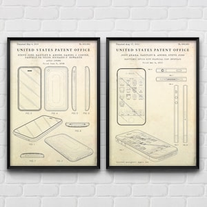 May include: Two black and white patent drawings of Apple iPhones. The first patent drawing shows a side view of the iPhone with the text "United States Patent Office" and "Steve Jobs, Bartley K. Andre, Daniel J. Coster, Daniele De Juliis, Richard P. Howarth" and "Filed June 5, 2000". The second patent drawing shows a front view of the iPhone with the text "United States Patent Office" and "Jodt Akana, Bartley K. Andre, Steve Jobs" and "Electronic Device with Graphical User Interface" and "Filed Mar 4, 2011".