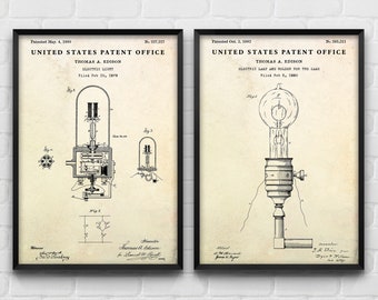 First Incandescent Light Bulb Patent Posters, Filament Lamp Inventions, Lighting Blueprint, Electrician Gift, Loft Wall Art, Set Of 2 Prints