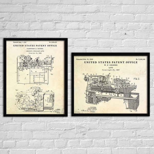 Metal Lathe Patent Wall Art, Metalworking Inventions Blueprint Poster, Lathe Operator Decor, Gift for Engineers, Set Of 2 Prints