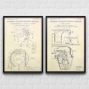 May include: Two black framed vintage patent prints. The left print is for a radiation imaging apparatus, patented 15 September 1981. The right print is for a linear accelerator radiotherapeutic device, patented 30 May 1967.