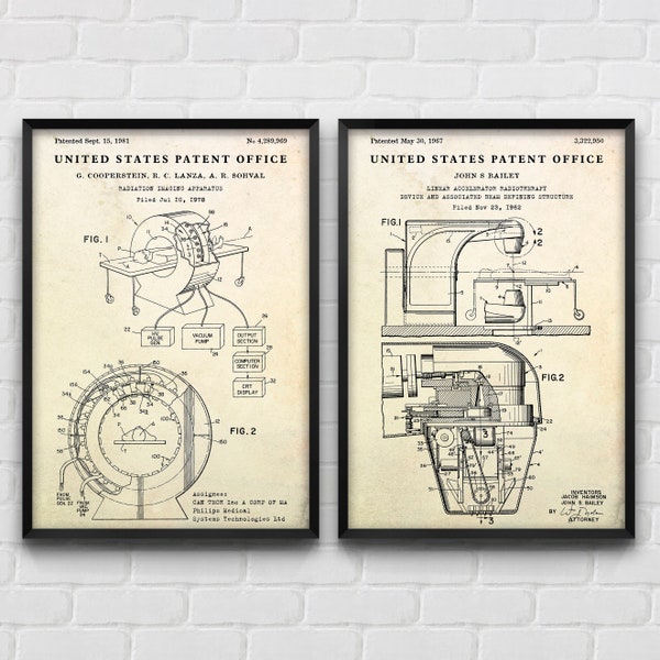 Cancer Detection & Therapy: CT Scanner and LINAC Patent Posters, Medical Research Inventions Oncology Hospital Wall Art, Set Of 2 Prints