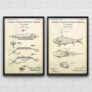 Fishing Lure & Artificial Bait Patent Poster, Inventions Blueprint, Fisherman Gift, Vintage Decor, Set Of 2 Prints