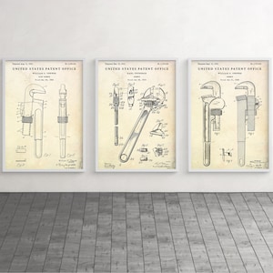 Pipe Wrench & Adjustable Wrench Patent Wall Art, Garage Repair Shop Plumber Vintage Decor, Locksmith Mechanic Gift, Set Of 3 Prints