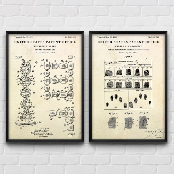 Forensic Science Wall Art: DNA RNA & Fingerprints Patent Print, Police Officer Gift, Criminologist Vintage Decor, Set Of 2 Posters