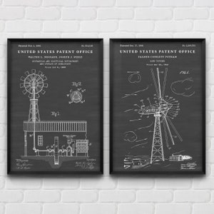 May include: Two black and white patent drawings for wind turbines. The first patent is for a wind turbine with a mechanical and electrical development and storage of wind power, filed in 1895. The second patent is for a wind turbine filed in 1941.