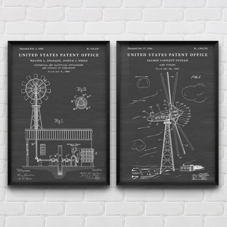 May include: Two black and white patent drawings for wind turbines. The first patent is for a wind turbine with a mechanical and electrical development and storage of wind power, filed in 1895. The second patent is for a wind turbine filed in 1941.