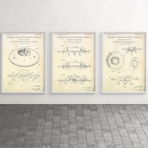 Flying Saucer Patent Art, UFO Wall Art, Space Exploration Poster, Aerospace Inventions, Sci-Fi Alien Decor, Aircraft Gift, Set Of 3 Prints