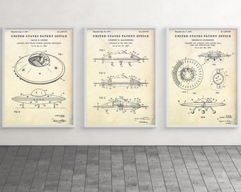 Art breveté de soucoupe volante, art mural OVNI, affiche d'exploration de l'espace, inventions aérospatiales, décoration extraterrestre de science-fiction, cadeau avion, lot de 3 impressions