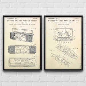 Boombox & Cassette Tape Patent Posters, 80s Music Gift, Old School Hip Hop Decor, Music Recording Wall Art Set Of 2 Prints