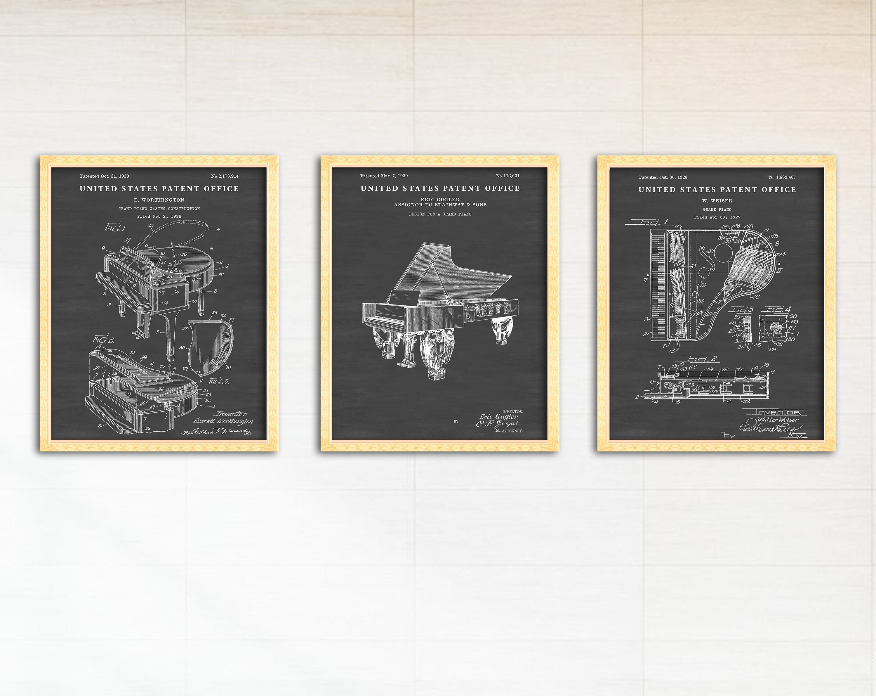 Grand Piano Wall Art: Patent Drawing Posters, Music Room Vintage Decor ...