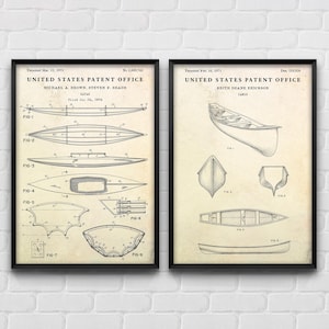 Canoa e kayak, brevetti da parete, poster di invenzioni di barche a remi, kayak, decorazione per la casa sul lago in canoa, regalo per canoista, set di 2 stampe