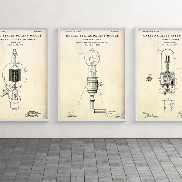 Incandescent Light Bulb Patent Poster, Vintage Filament Lamp Invention, Lighting Blueprint, Electrician Gift, Loft Wall Art, Set Of 3 Prints