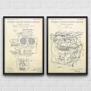 May include: Two vintage patent drawings in black and white. The first patent is for a method of dehumidifying and cooling air, dated February 22, 1916. The second patent is for a furnace, dated November 18, 1941.