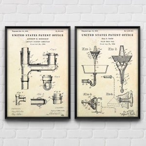Conexión de plomería y herramienta de serpiente de drenaje, arte de pared de patente, póster de plano, regalo de plomero, decoración del hogar vintage del baño, conjunto de 2 impresiones