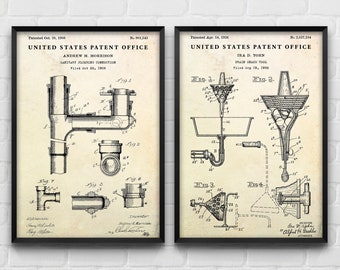 Klempner Verbindungs- & Abflussrohr Schlangenwerkzeug Patent Wandkunst, Blueprint Poster, Klempner Geschenk, Badezimmer Vintage Home Decor, 2er-Set Drucke