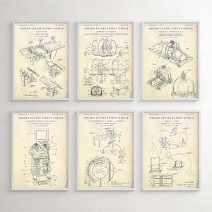 May include: A set of six vintage-style United States Patent Office prints. Each print features a black and white illustration of a different invention, including a table, a machine, a medical device, and a chair. The prints are on a beige background with a black border.