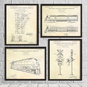 May include: Set of four vintage-style prints featuring black and white illustrations of railway patents. The prints have a beige background and are framed in black.