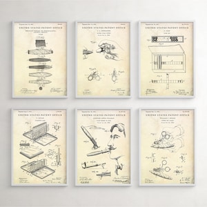 May include: Six vintage United States Patent Office drawings for cigar-related inventions. The drawings are in black and white and feature various designs for cigar cutters, cigar boxes, and cigar holders.