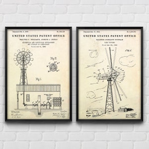 May include: Two vintage patent drawings for wind turbine designs. The first patent, dated February 4, 1896, shows a wind turbine with a mechanical and electrical development for storing wind power. The second patent, dated October 17, 1944, shows a wind turbine with a detailed diagram of the blades and tower.