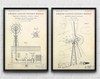 Wind Turbine Patent Art Prints, Set of 2, Renewable Energy