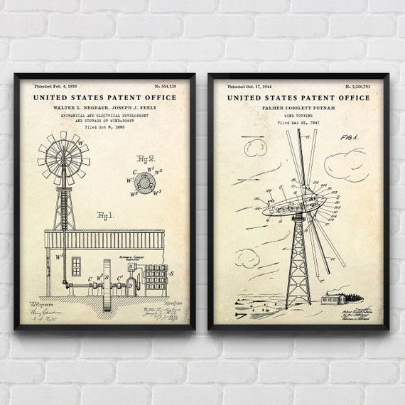 Wind Turbine Patent Art Prints, Set of 2, Renewable Energy