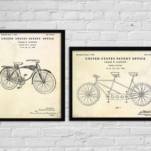 Classic & Tandem Bicycle Patent Wall Art, Cycling Vintage Inventions Bike Blueprint Poster, Cyclist Gift, Set Of 2 Prints