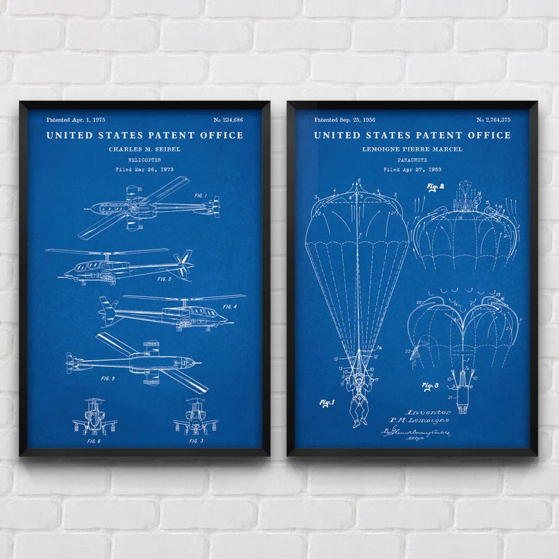 Helicopter & Parachute Patent Wall Art, Aircraft Inventions Blueprint ...