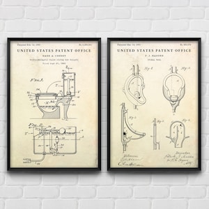 May include: Two black and white patent drawings for toilet designs. The first patent is for a "Hydro-Pneumatic Flush System for Toilets" by Mark A. Cherry, filed September 27, 1993. The second patent is for a "Tri-Seal Bowl" by T.J. Madden, filed March 14, 1903.