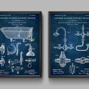 May include: Two vintage patent drawings on a blue background. The first patent is for a detachable splash-screen for baths, dated May 15, 1894. The second patent is for a device for mixing hot and cold water for bathing, dated Nov. 14, 1893.