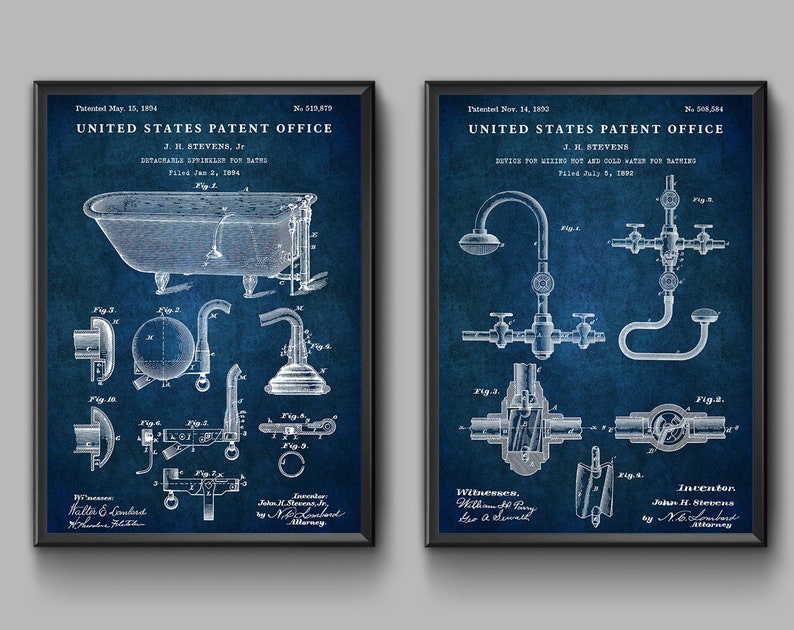 May include: Two vintage patent drawings on a blue background. The first patent is for a detachable splash-screen for baths, dated May 15, 1894. The second patent is for a device for mixing hot and cold water for bathing, dated Nov. 14, 1893.