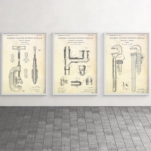 Plumbing Connection Tools Patent Wall Art, Blueprint Poster, Plumber Gift, Man Cave, Bathroom Decor, Set Of 3 Prints