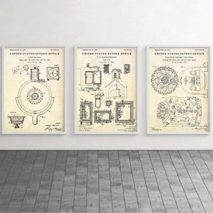 Bank Safe Patent Art, Locks, Vaults Vintage Poster, Security Gift, Man Cave, Office Decor, Blueprint Wall Art, Set Of 3 Prints