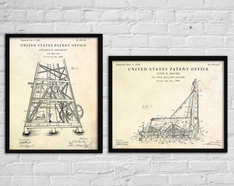 Oil Well Rig Patent Art Prints, Petroleum Blueprint, Set of 2