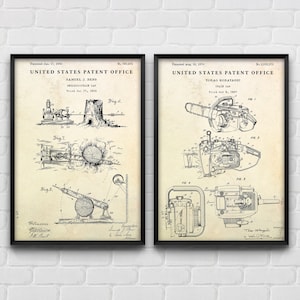 Woodworking Wall Art: Chainsaw Patent Print, Gift for Lumberjack, Logger Invention Blueprint Poster, Arborist Vintage Decor, Set Of 2 Prints