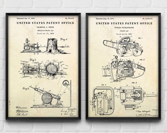 Woodworking Wall Art: Chainsaw Patent Print, Gift for Lumberjack, Logger Invention Blueprint Poster, Arborist Vintage Decor, Set Of 2 Prints