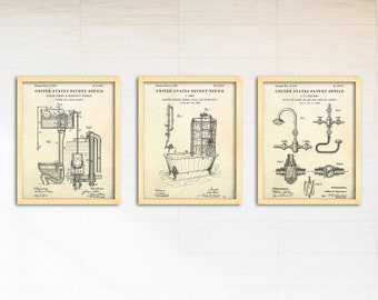 Bathroom Wall Art, Restroom Vintage Poster, Toilet Blueprint Decor, Set Of 3 Patent Prints