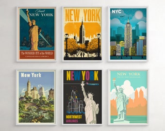 Vintage New York Travel Poster Set, NYC Wall Art Prints, Colorful Wall Decor