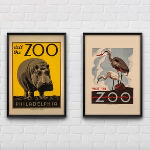 Vintage Philadelphia Zoo-posters, antika djurtryck, väggdekor från mitten av århundradet