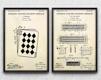 Cribbage Board and Playing Card Patent Poster, Game Room Wall Art, Gambling Decor, Set Of 2 Prints