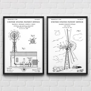 May include: Two black and white patent drawings for wind turbine designs. The first patent is for a wind turbine design from 1895 by Walter L. Negaur and Joseph J. Feely. The second patent is for a wind turbine design from 1944 by Palmer Cobblitt Putnam.