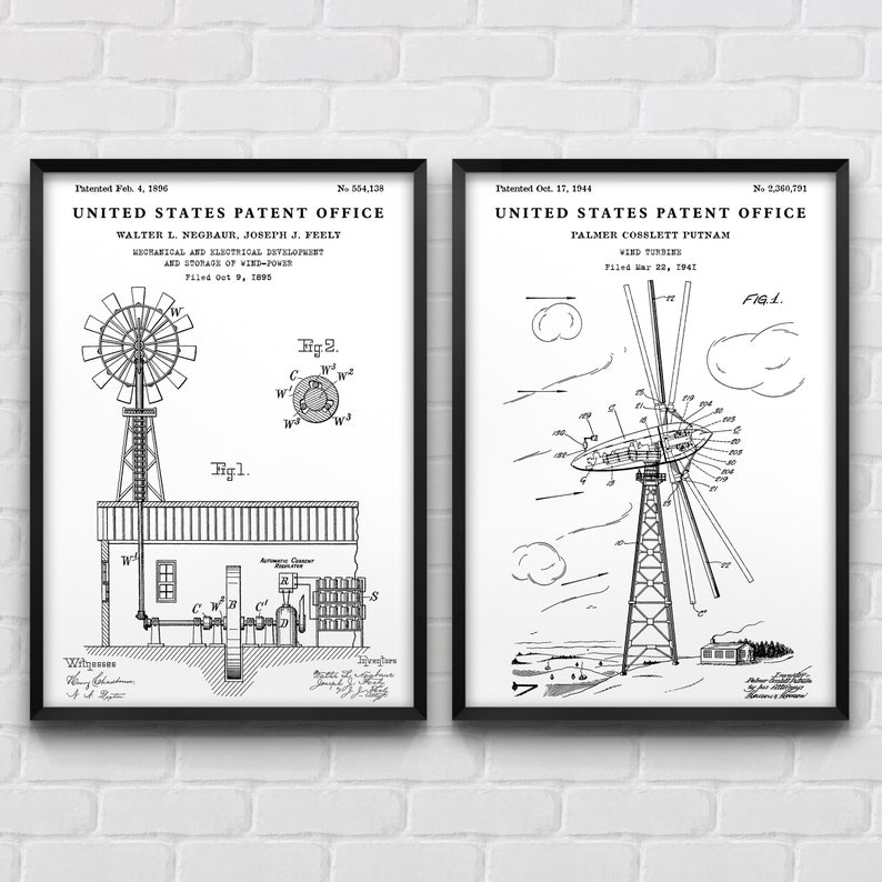 May include: Two black and white patent drawings for wind turbine designs. The first patent is for a wind turbine design from 1895 by Walter L. Negaur and Joseph J. Feely. The second patent is for a wind turbine design from 1944 by Palmer Cobblitt Putnam.