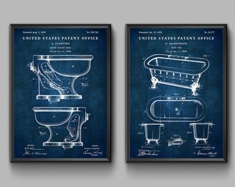 Toilet & Bathtub Patent Print Set, Vintage Restroom Wall Decor