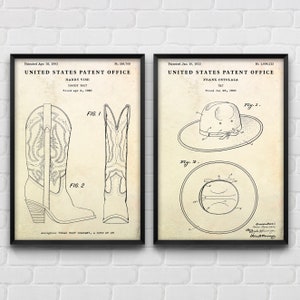 Western Wall Art: Cowboy Boot & Hat Patent Posters, Cowboy Gift, Wild West Decor, Set Of 2 Prints