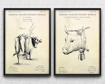 Cow Wall Art, Farmhouse, Farm, Barn Decor, Vintage Patent Inventions Blueprint Poster, Farmer Gift, Set Of 2 Prints