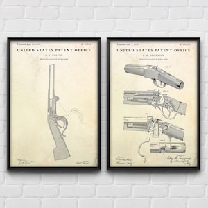 May include: Two vintage patent drawings for breech-loading firearms. The first patent is for a firearm designed by G.P. Foster, patented on April 10, 1869. The second patent is for a firearm designed by J.M. Browning, patented on October 7, 1879.