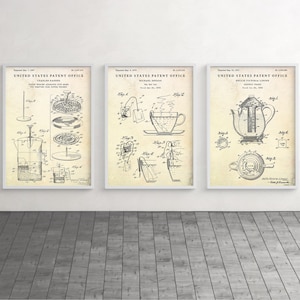 May include: Three vintage patent drawings for coffee and tea brewing methods. The first shows a coffee maker with a filter and a carafe. The second shows a tea bag in a cup. The third shows a tea pot with a filter and a spout.