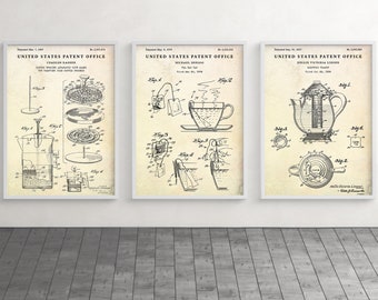 French Press, Tea Bag Tag, Teapot Patent Posters, Kitchen Wall Art, Tea Lover Gift, Vintage Home Decor, Set Of 3 Prints