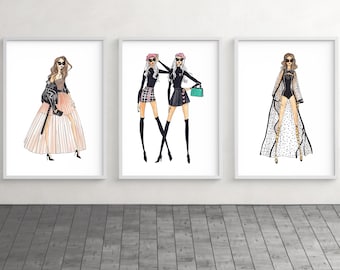 Láminas de ilustración de moda, decoración de pared femenina, bocetos para niñas, set de regalo para fashionistas (3 unidades)